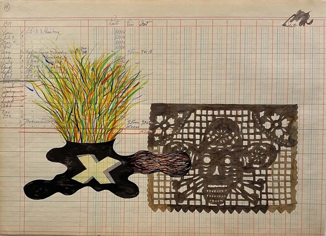 Fire Pit , 2020, 14.5" x 20", mixed media on found ledger paper, $1,800