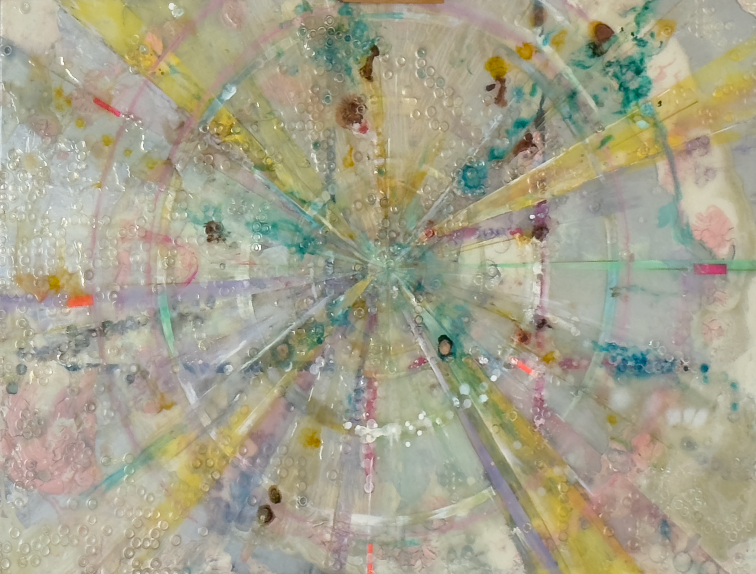 The Gift , 2025, 33 x 48.5 in, oil, resin plastic rings, tape on mirrored plexiglass, $10,500