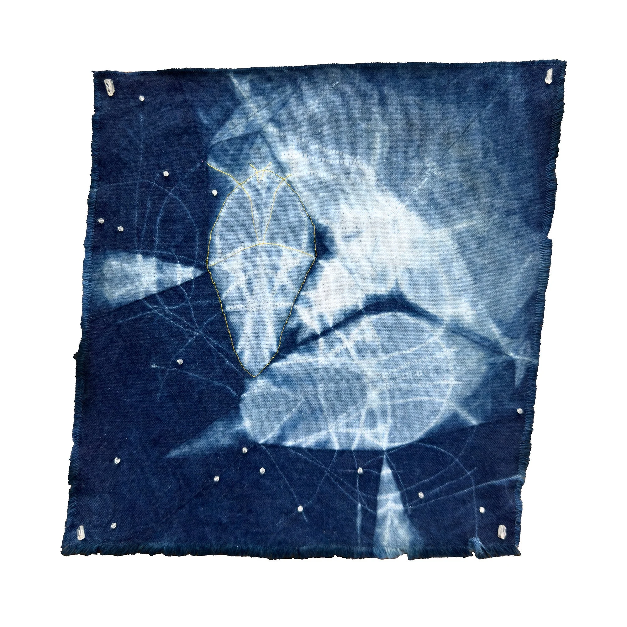  Studies of Flight:
Box Elder Bugs , 2026, 8" x 8", Katano shibori; dyed with homegrown indigo, Herkimer diamonds, sapphire beads, and gold wire on cotton.