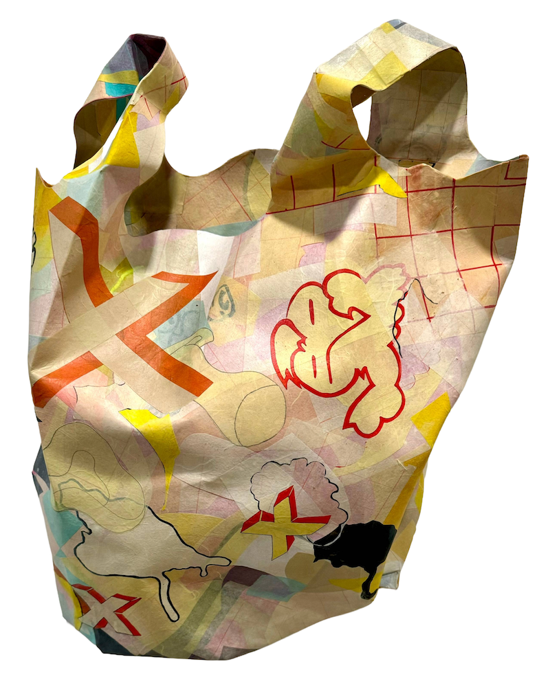 Hanging bag #2 , 2020, 24" x 18" x 6", prepared paper collage on formed paper, $4,500