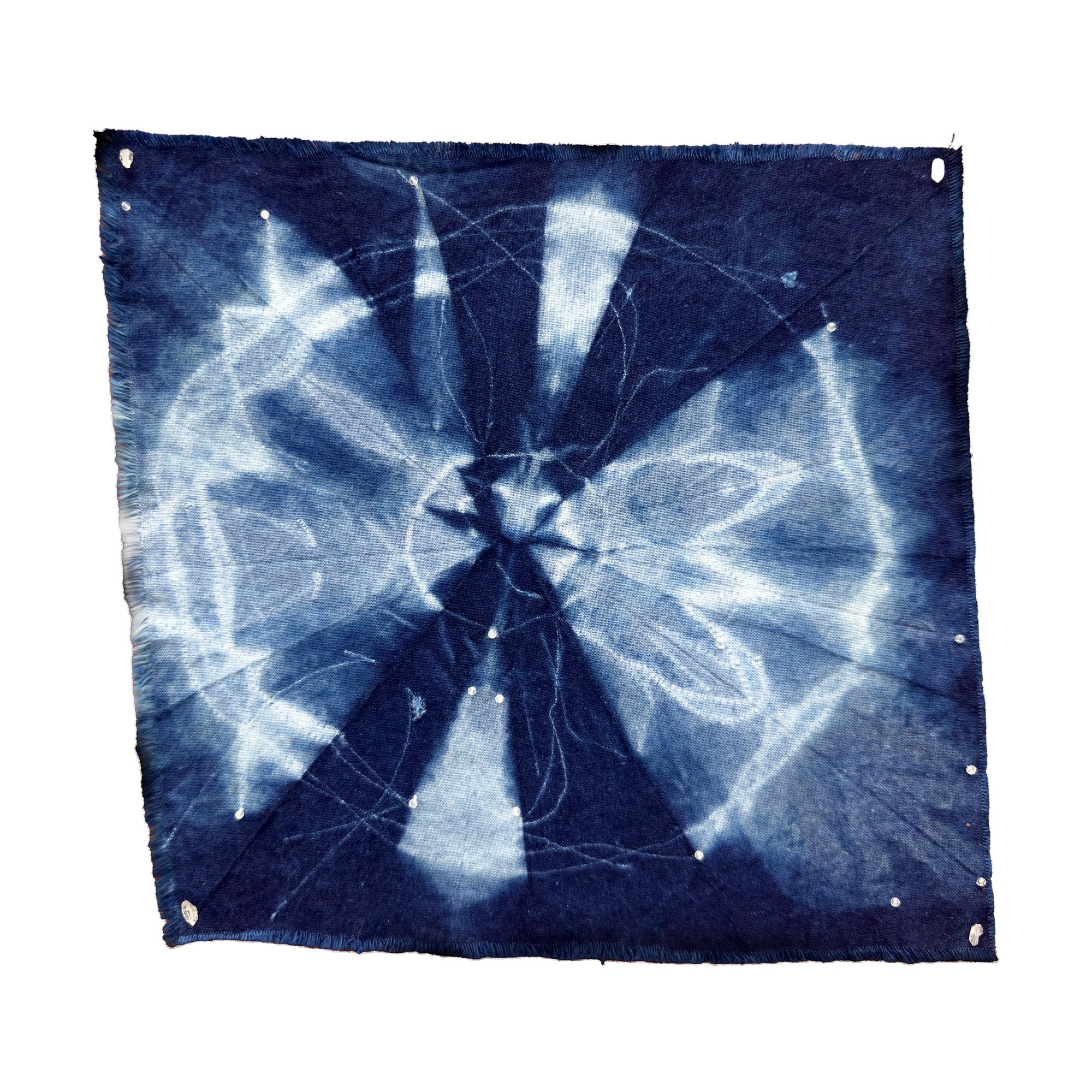  Studies of Flight:
Dragonfly , 2026, 8" x 8", Katano shibori; dyed with homegrown indigo, Herkimer
diamonds, and quartz beads, on cotton.
