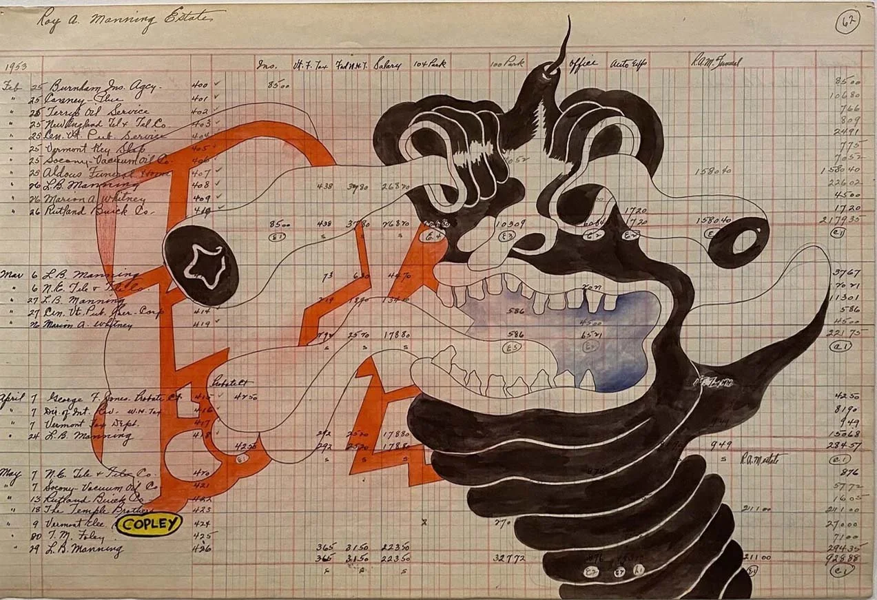 "Roy A. Manning Series" #06 , 2020, 14.5" x 20", mixed media on found ledger paper, $1,800