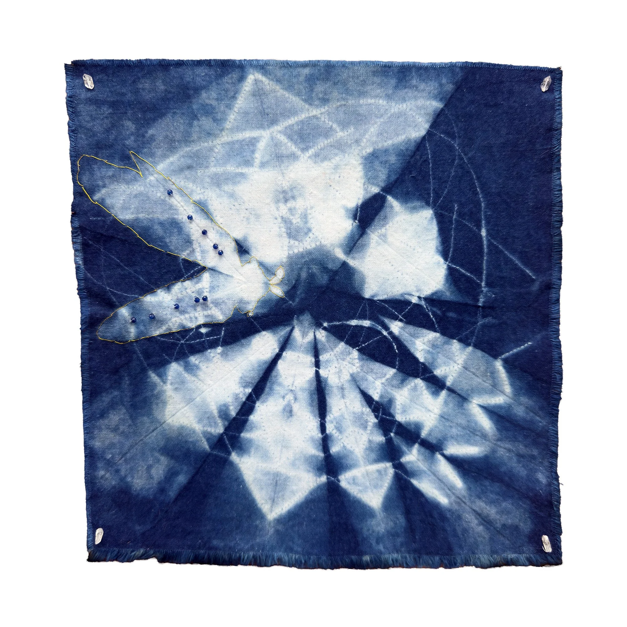  Studies of Flight:
Yella Jacket, , 2026, 8" x 8", Katano shibori; dyed with homegrown indigo, Herkimer diamonds, sapphire beads and gold wire on cotton.