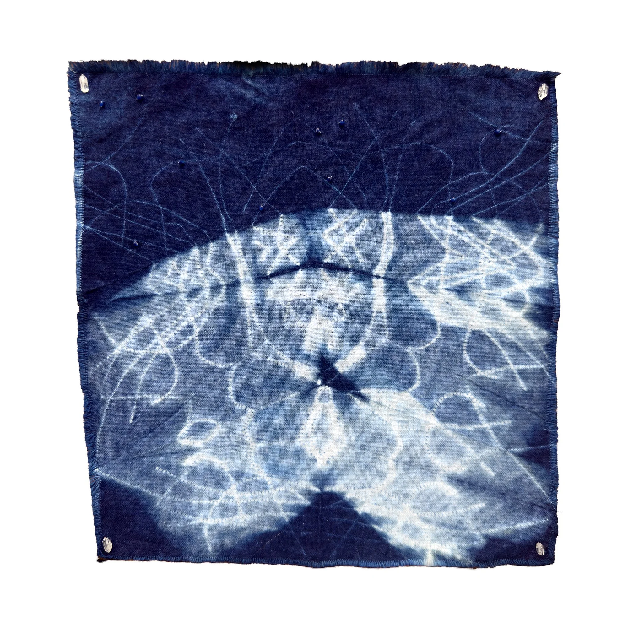 Studies of Flight:
Night Moth , 2026, 8" x 8", Katano shibori; dyed with homegrown indigo, Herkimer diamonds, and sapphire beads, on cotton.