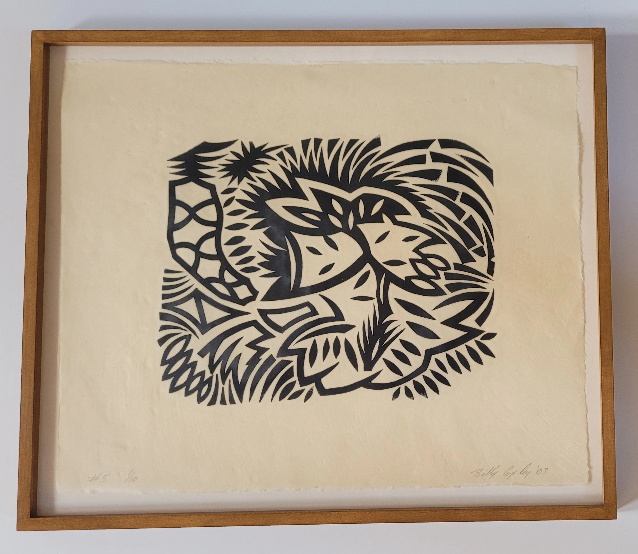 “#5” (ed:1/10), 2003, 17 x 20 inches approximately, hand made rubber stamp prints, etching ink on Kitakata paper, $1,800 framed