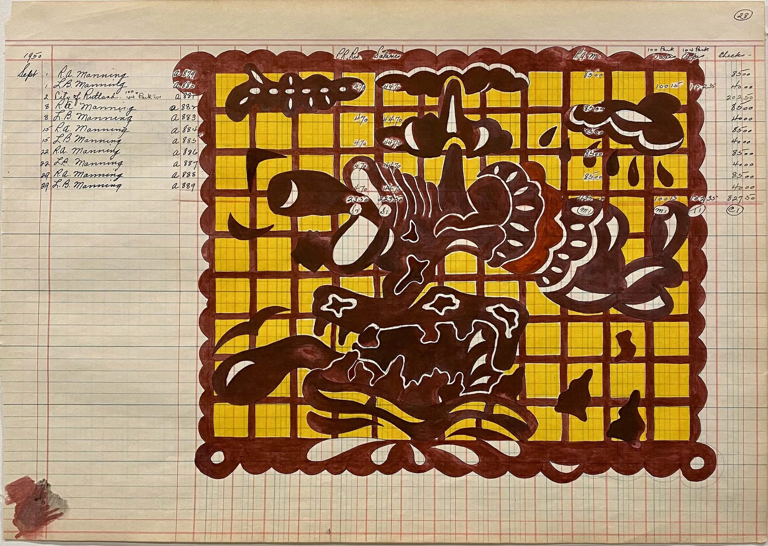 Libro Mayor , 2022, 14.5" x 20.5", colored pencil, acrylic, ink on found ledger paper, $1,800
