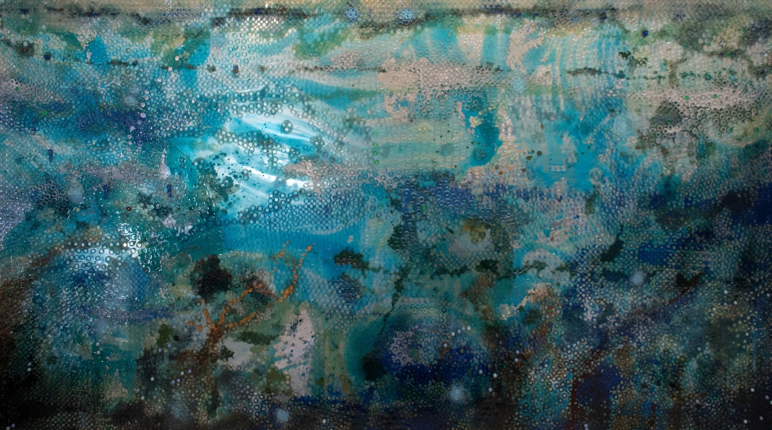 Ocean Teacher (Dalai Lama) , 2024, 48" x 86", oil, resin, plastic rings and mixed media on mirrored plexiglass, $39,000