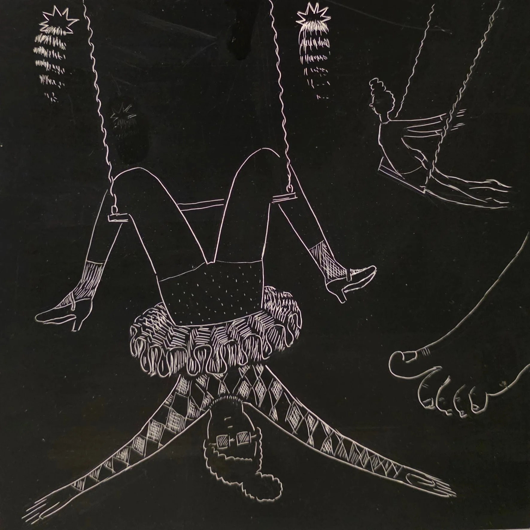  Acrobat , 2019, 8"x8", ink and graphite on masonite with white clay