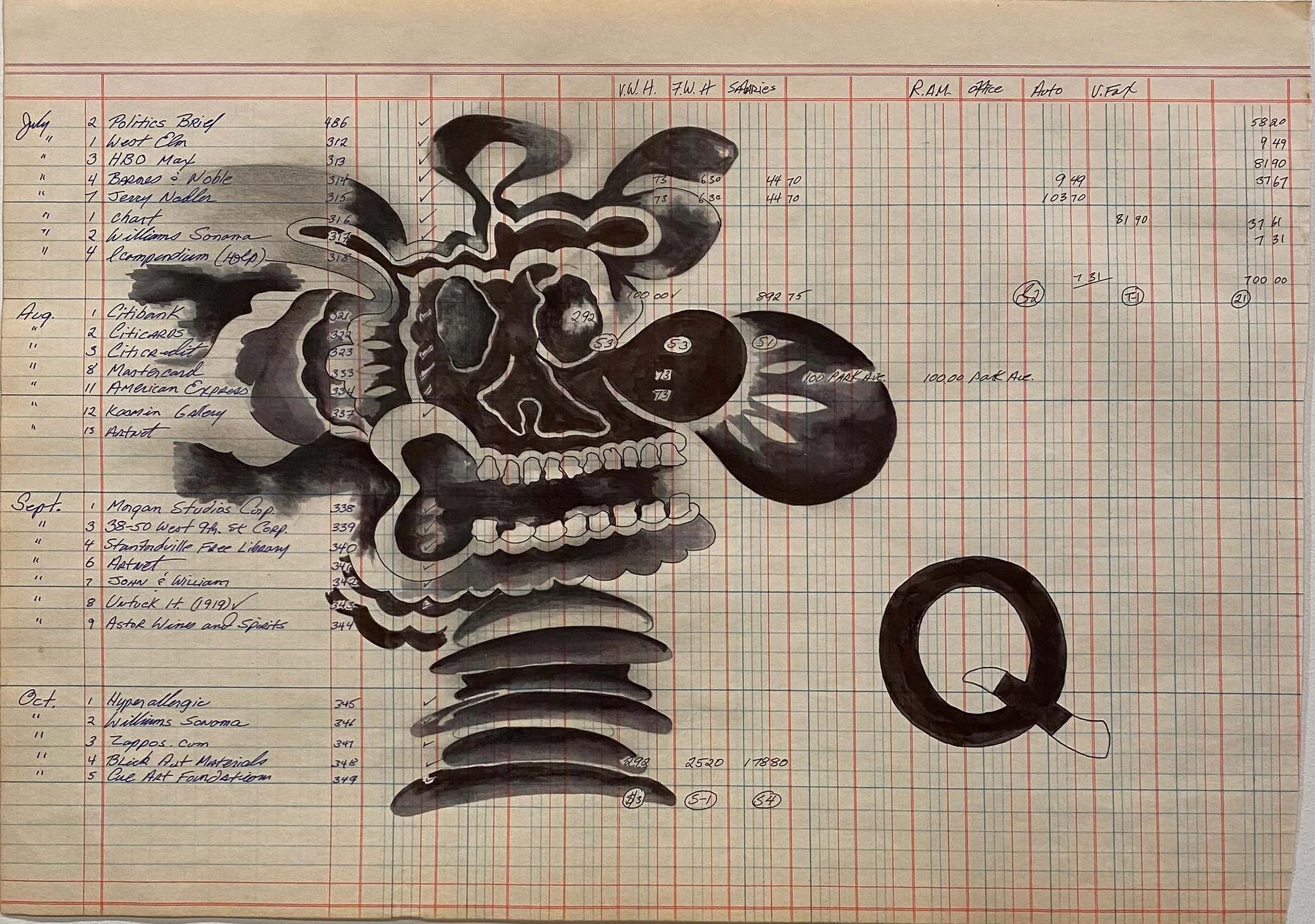 Q , 2022, 14.5" x 20.5", pencil and ink on found ledger paper, $1,800