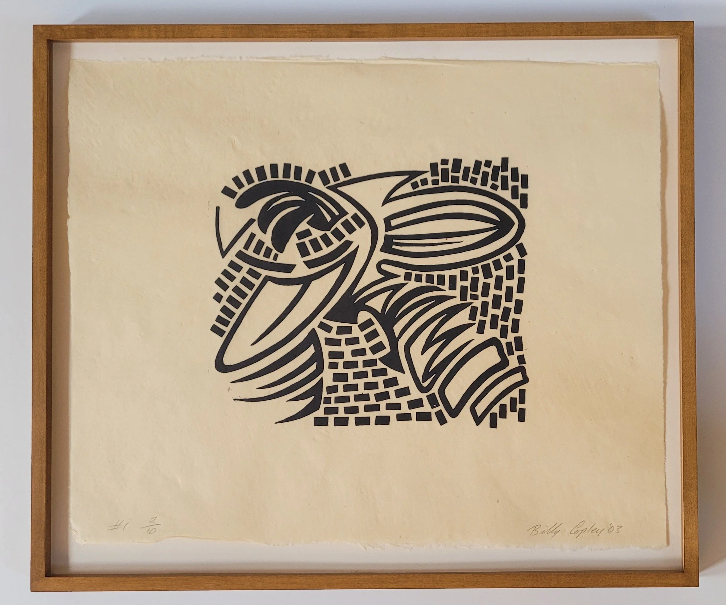 “#1” (ed:1/10), 2003, 17 x 20 inches approximately, hand made rubber stamp prints, etching ink on Kitakata paper, $1,800 framed