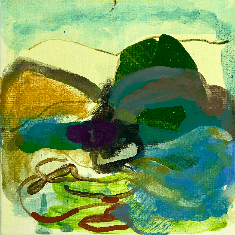 Pasture , 2025, 12" x 12", acrylic, watercolor, wax crayon, and colored pencil on canvas, $1200