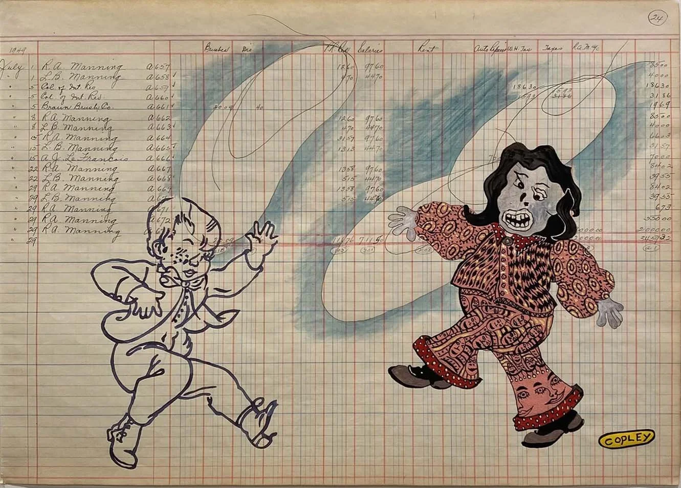 "Roy A. Manning Series" #10 , mixed media on found ledger paper, 14.5" x 20", 2020