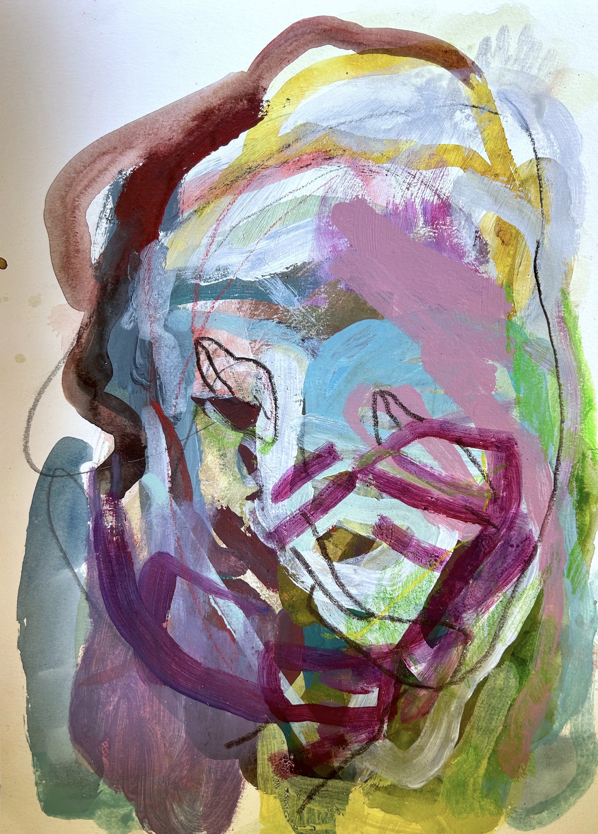 Anonymous Citizen in Magenta and Green , 2020, 15" x 11", Acrylic, watercolor, wax crayon, and colored pencil on Arches water color paper, $800