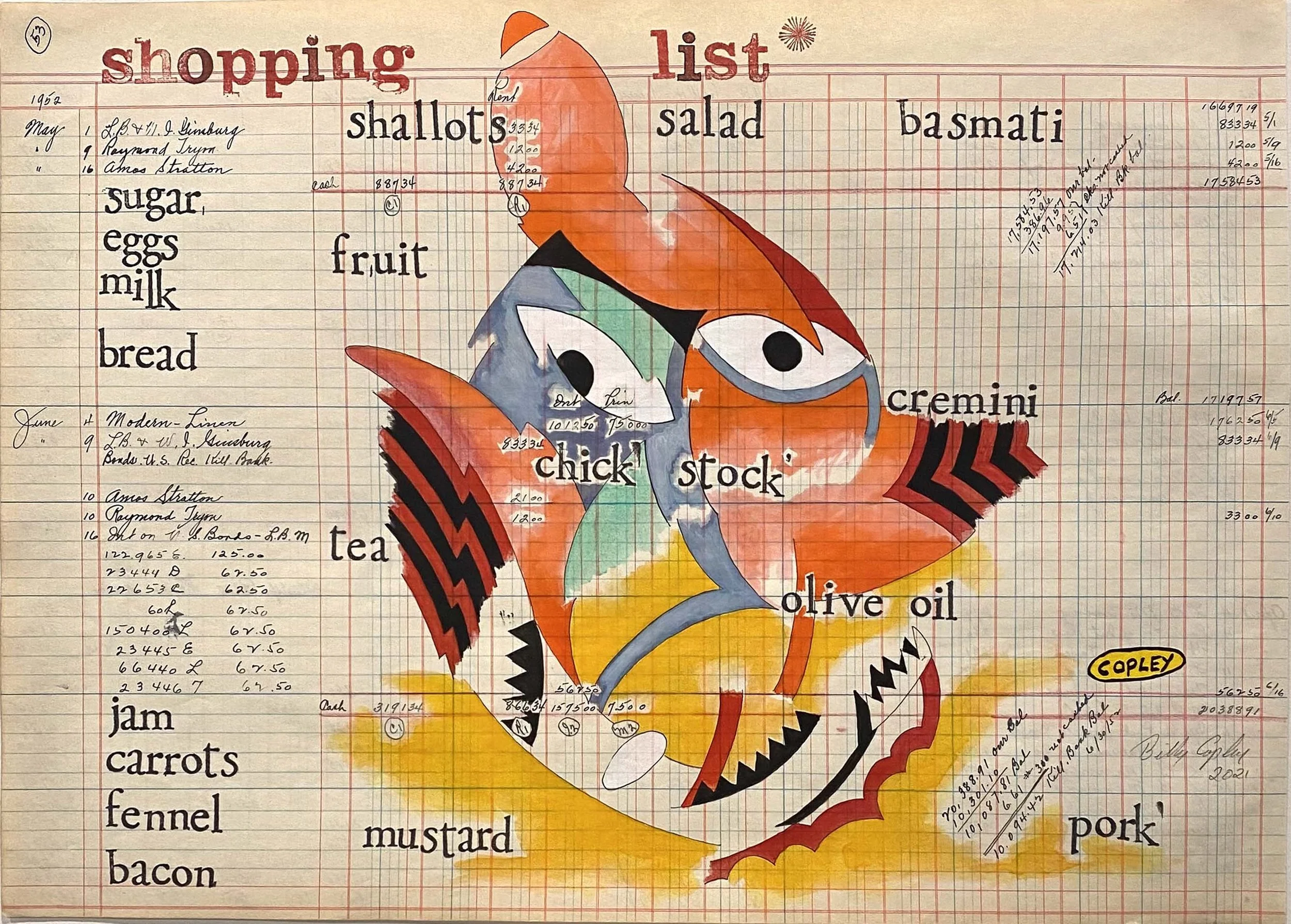 Picasso Shopping List , 2021, 14.5" x 20.5", ink, acrylic on found ledger paper, $2,000 framed