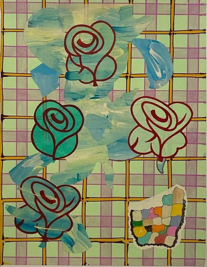 5 variations on a corporate logo , 2021,
29” x 23" approx., acrylic and Unryu paper collage on Saunders paper, $3,750 framed