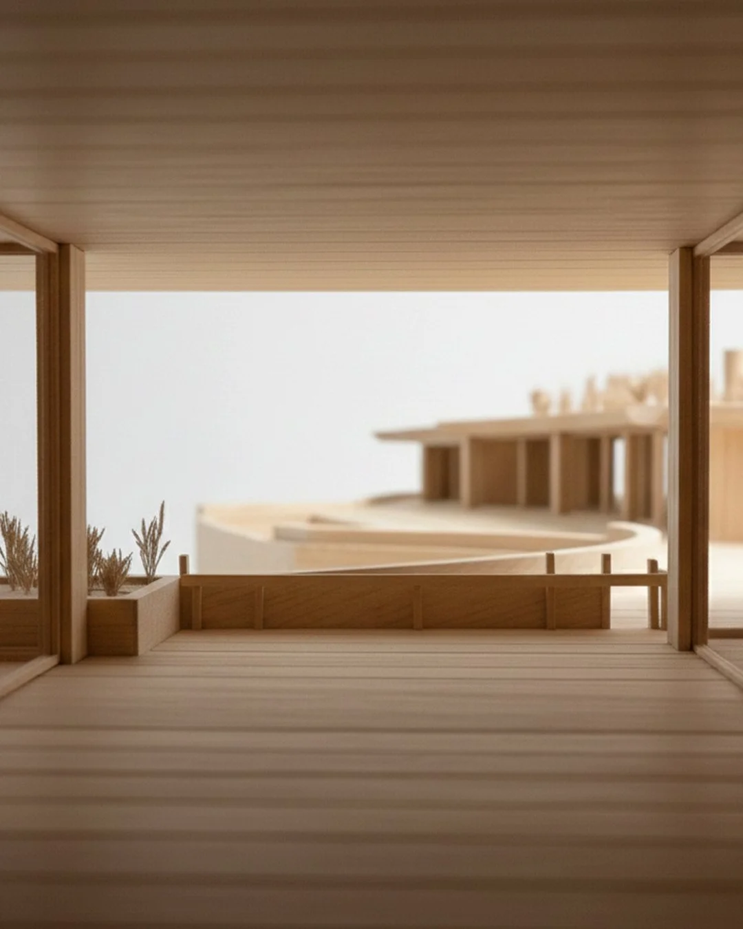 Scale model in wood, a covered terrace opening onto the house