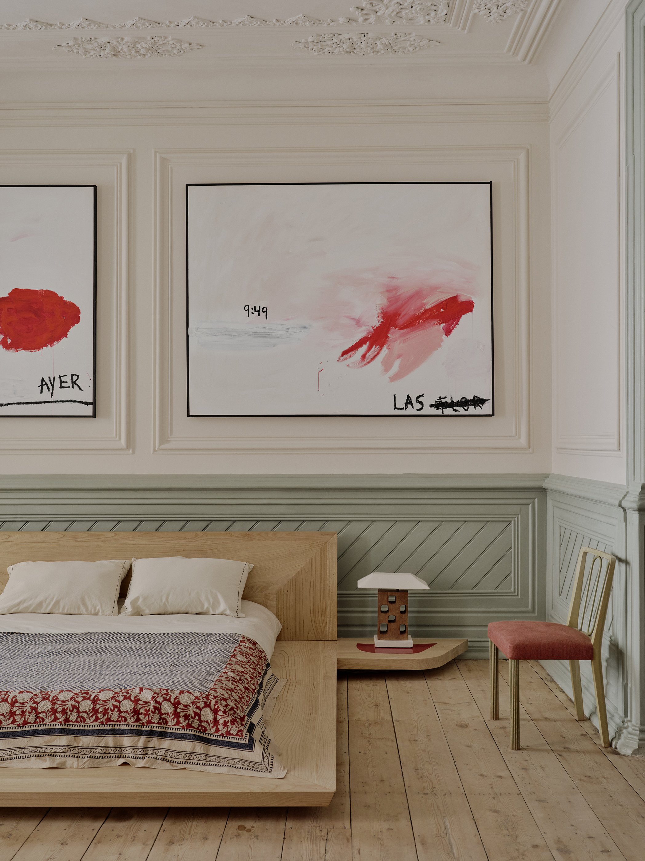 Bedroom by Garcé Dimofski, oak platform bed and floating nightstand beneath period mouldings