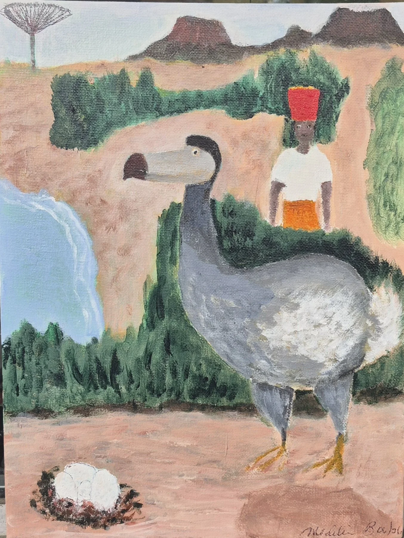 Title: Dodo watching her eggs. The flightless bird Dodo is now extinct, being manifested where they thrived.  This painting also shows an endangered tree. 