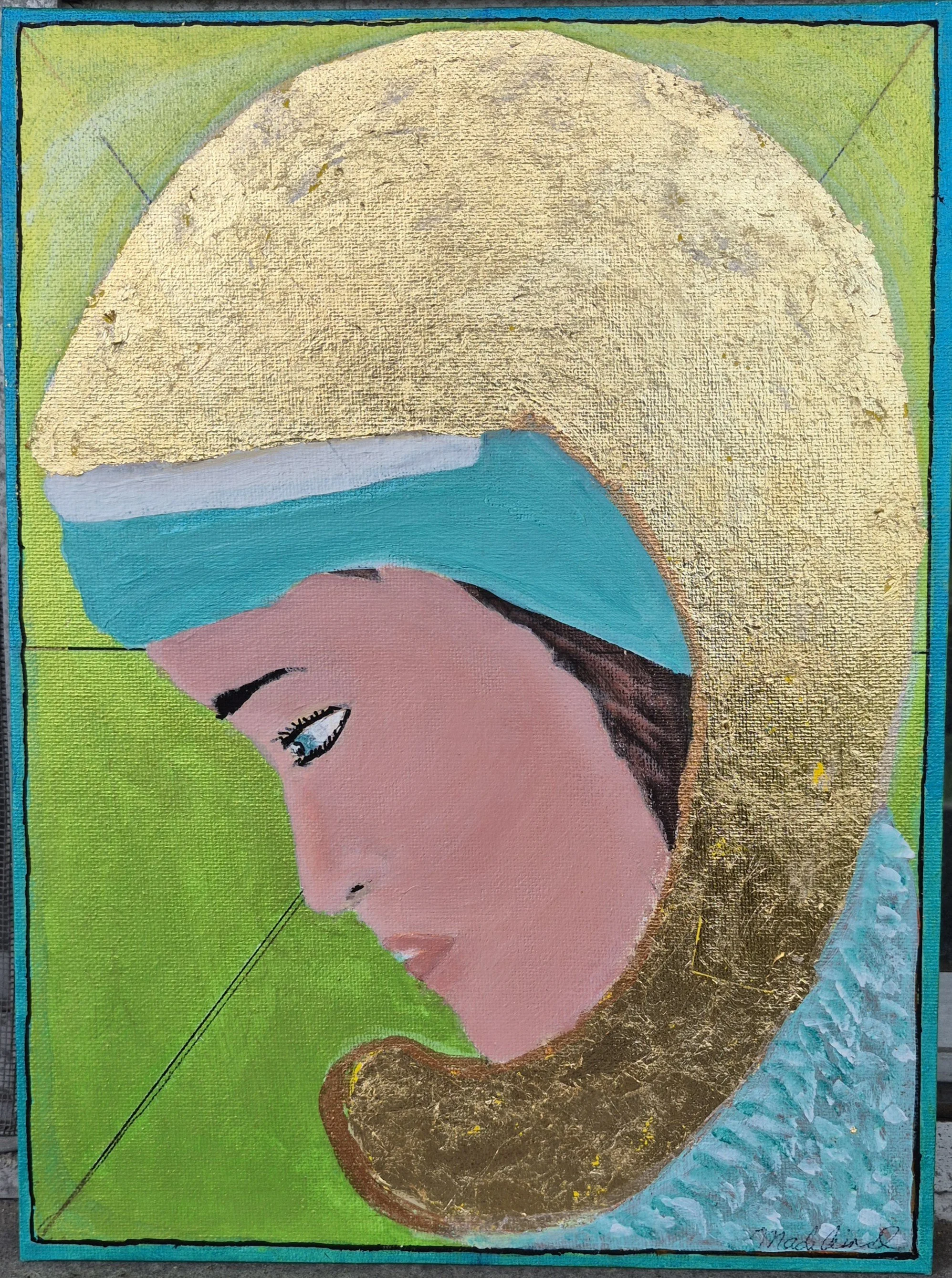 A portrait of a woman with closed eyes, pink lips, long dark hair, and a large wide-brimmed hat with gold detailing, set against a bright green background, painted in a modern, impressionistic style.