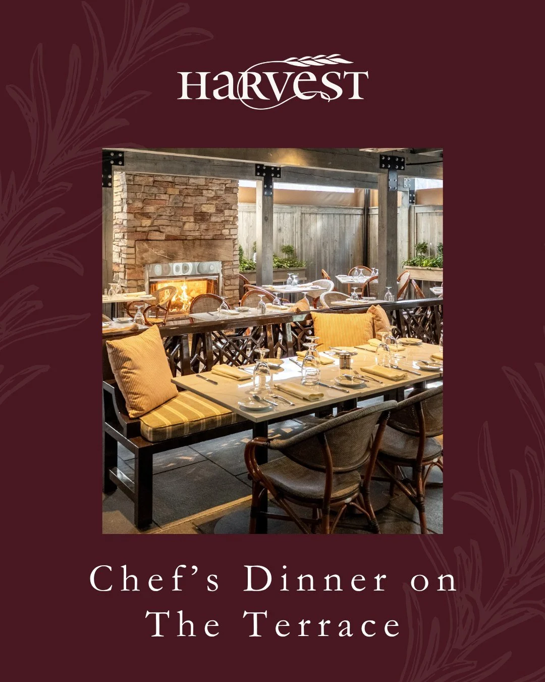 Spring Chef&rsquo;s Dinner on The Terrace at Harvest 
April 10th | Five-Course Tasting Menu
Join us for an evening celebrating the debut of our new Spring Tasting Menu, hosted by Chef Partner Robert Sisca, Executive Chef Nick Deutmeyer, Executive Pas