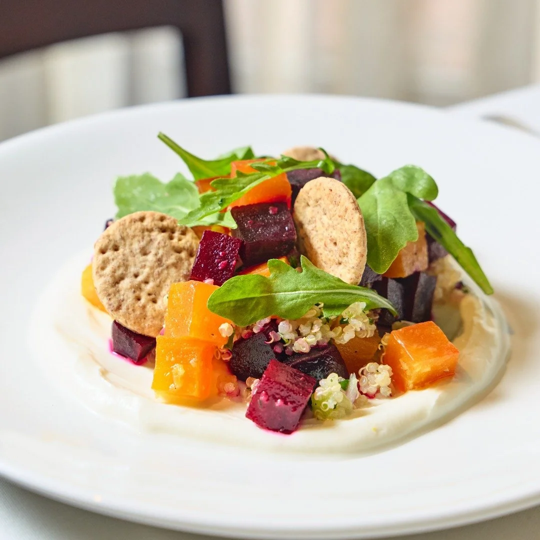 A Harvest menu classic: Beets &amp; Cheese with honey lavender ch&egrave;vre, quinoa tabbouleh, and butter crackers.

📸 @briansamuelsphotography