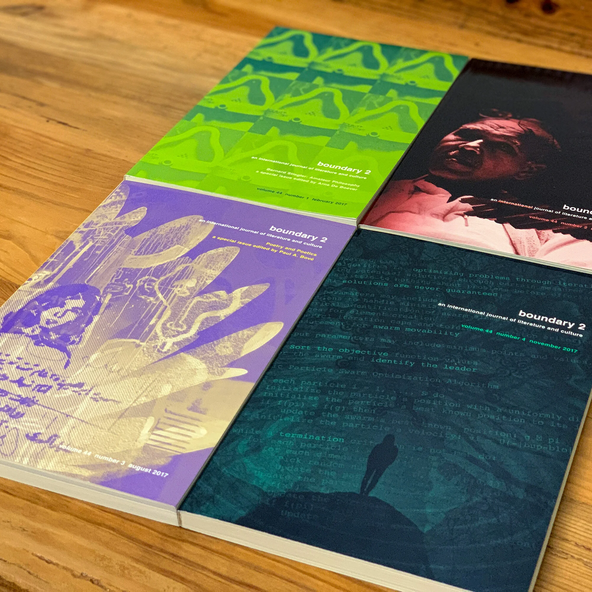 boundary 2 Volume 44 covers together on a table.