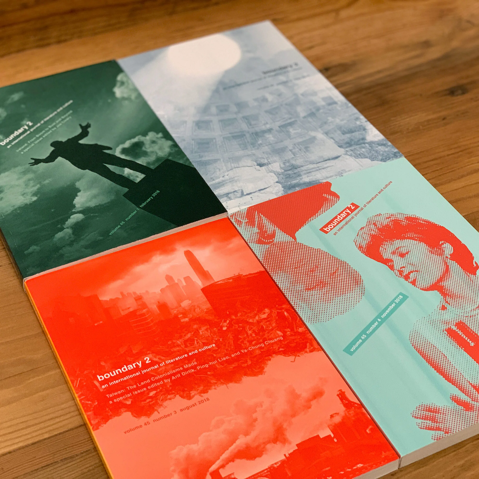boundary 2 Volume 45 book covers together on a table.