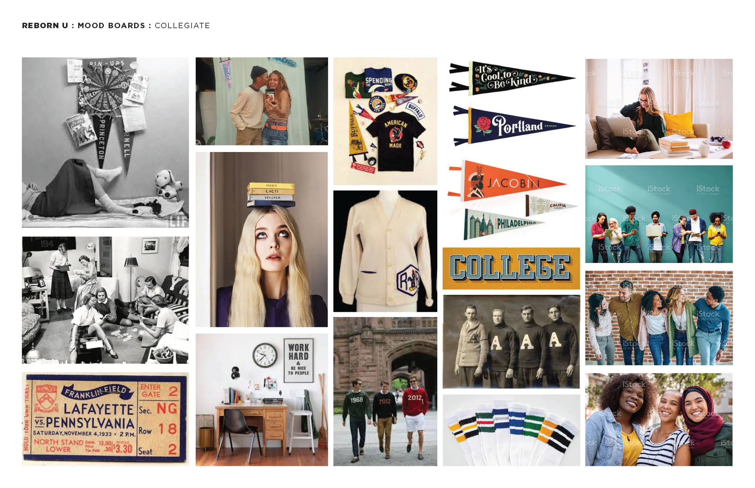 A mood board showing a collegiate theme.