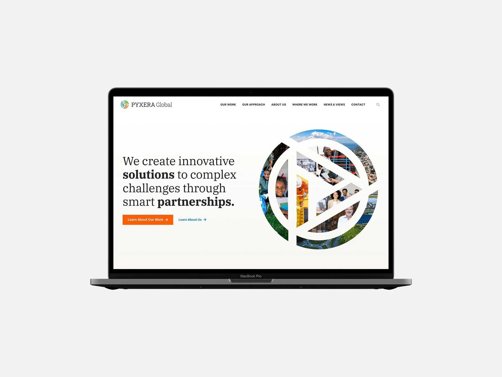 Pyxera Global's homepage design on laptop.
