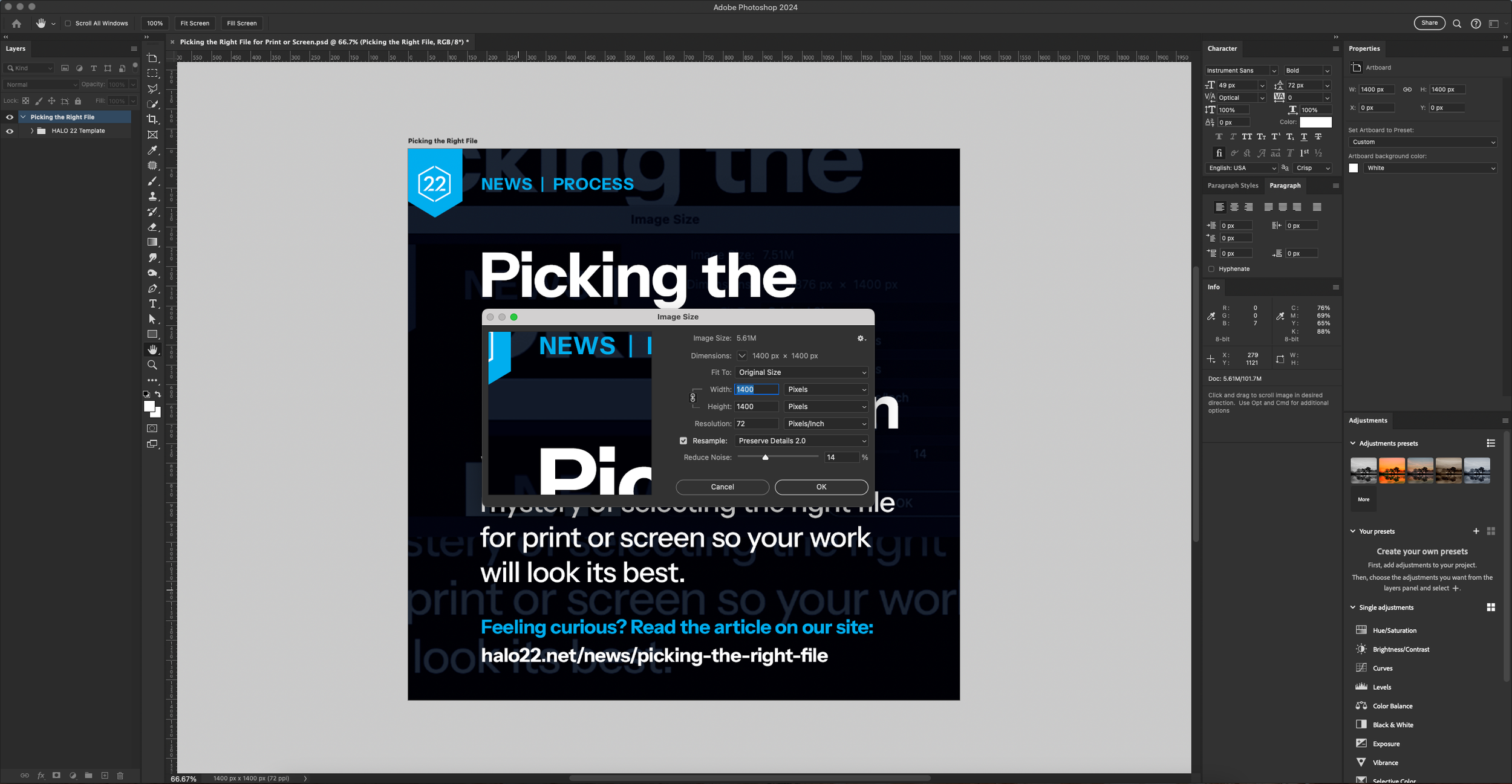 Screencap of image resolution and dimensions in Photoshop.