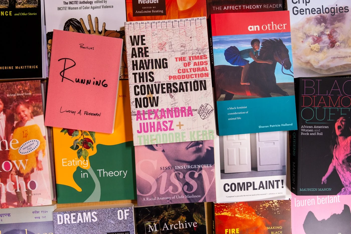 A collection of Duke University Press publications with colorful cover art.