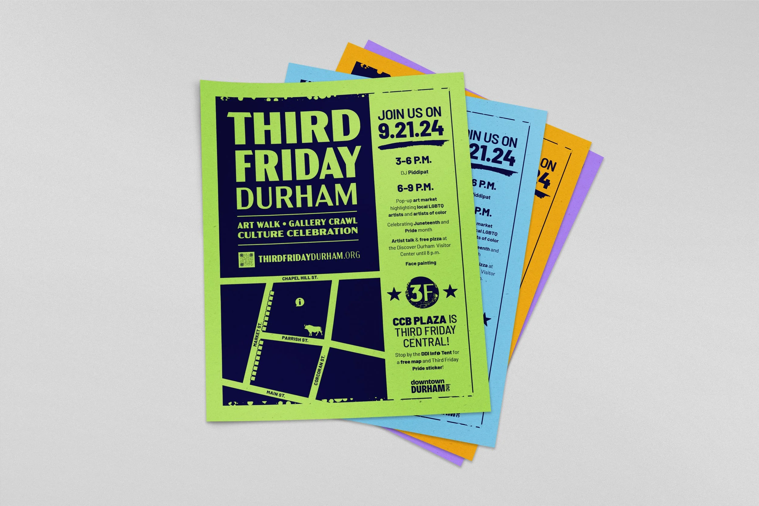 Colorful flyers for Third Friday Durham.