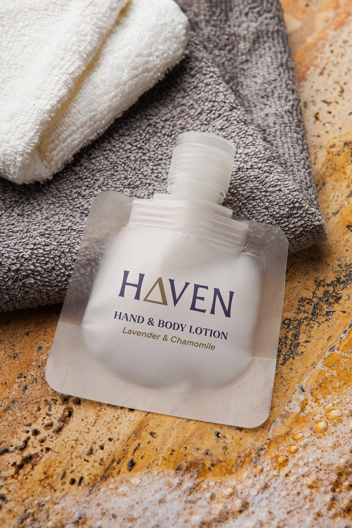 A rendering of a branded package with Haven Triangle branding.