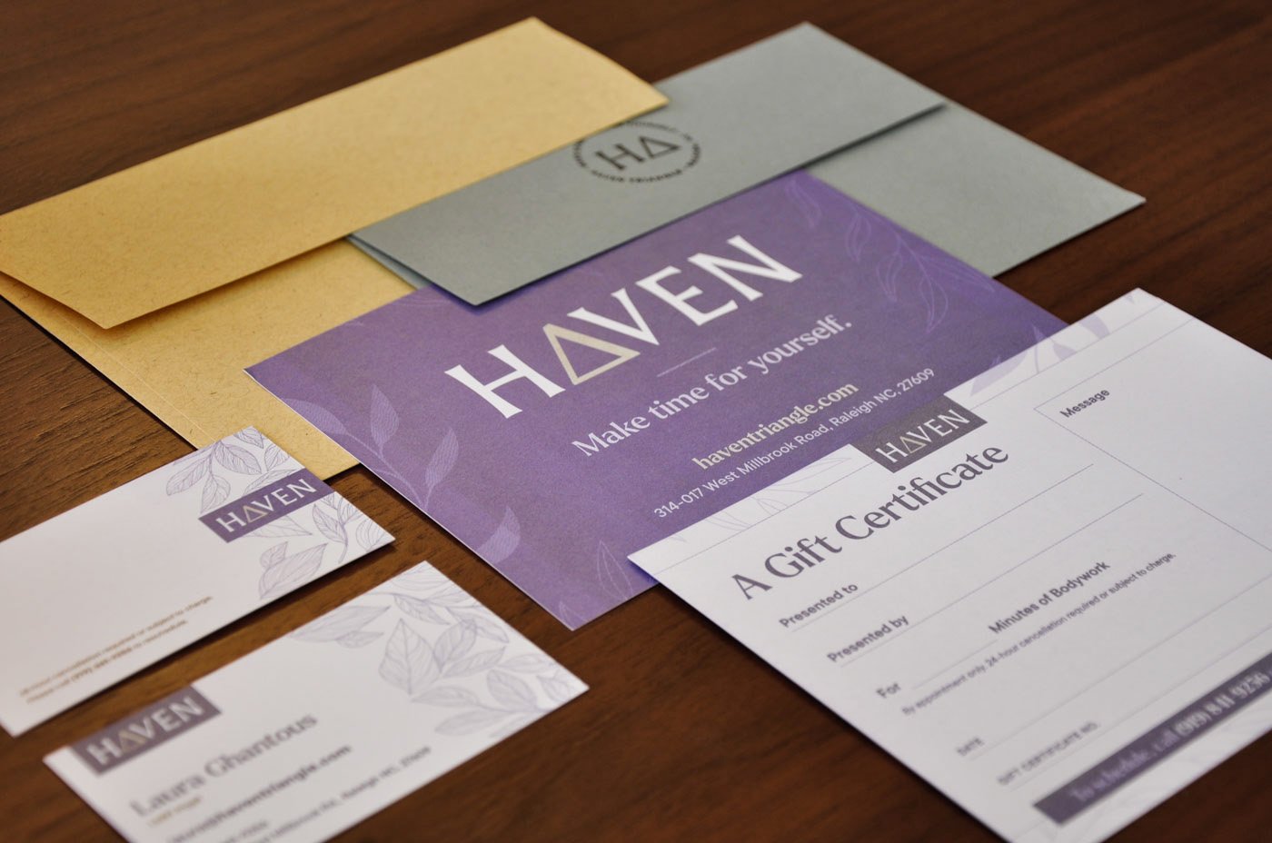Haven Triangle business cards, gift certificate, and envelopes.