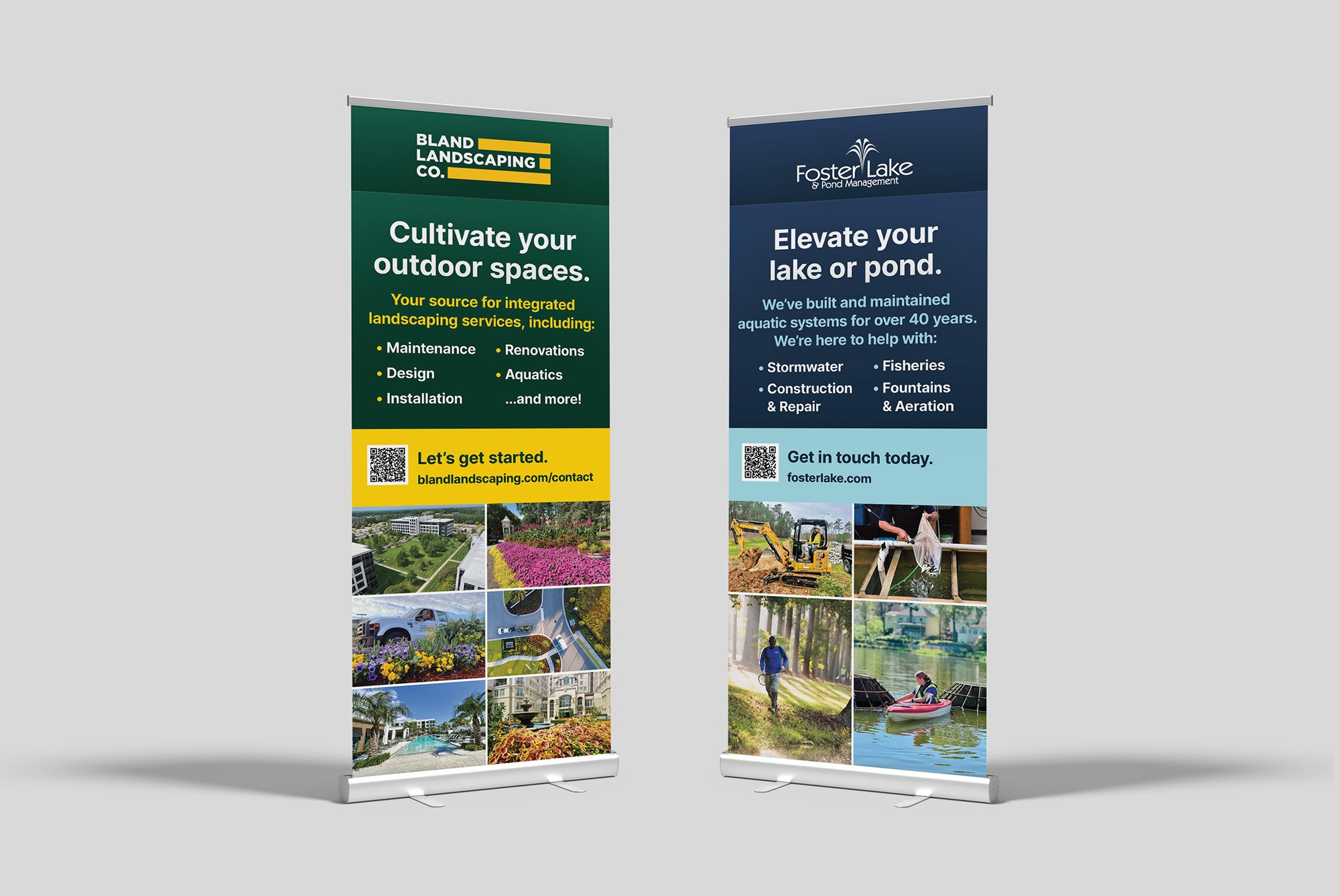 Retractable floor banners for a landscaping company.