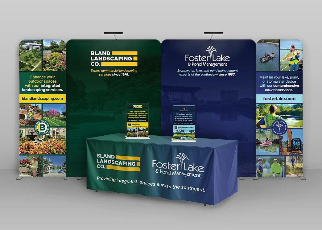 A rendering of the Bland and Foster modular panel designs, table throw, and small banners.