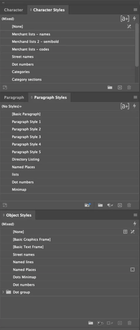 A screenshot of the InDesign file's style panels before refinement.