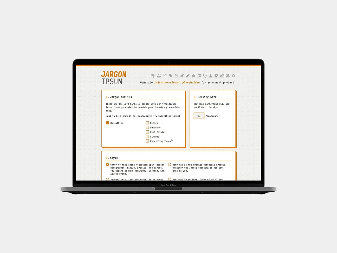 The Jargon Ipsum website displayed on a laptop.