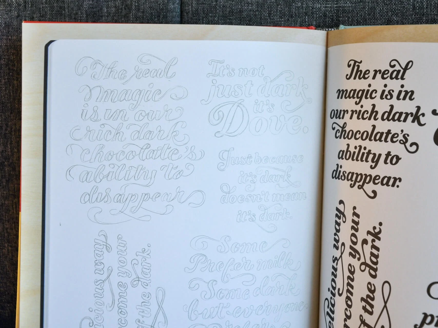 Images of Hische's sketches side by side with the finals.