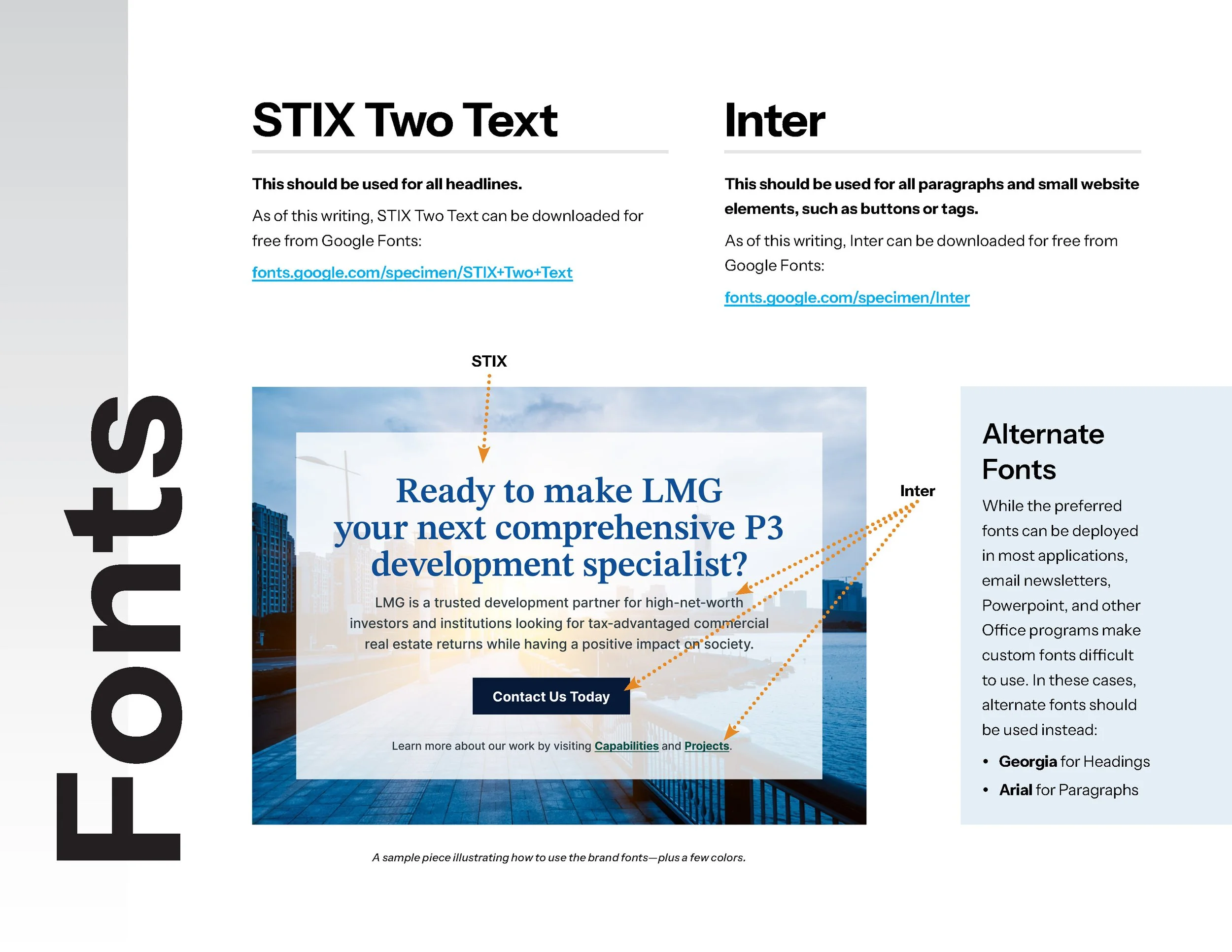 The fonts page of the LMG brand guide.