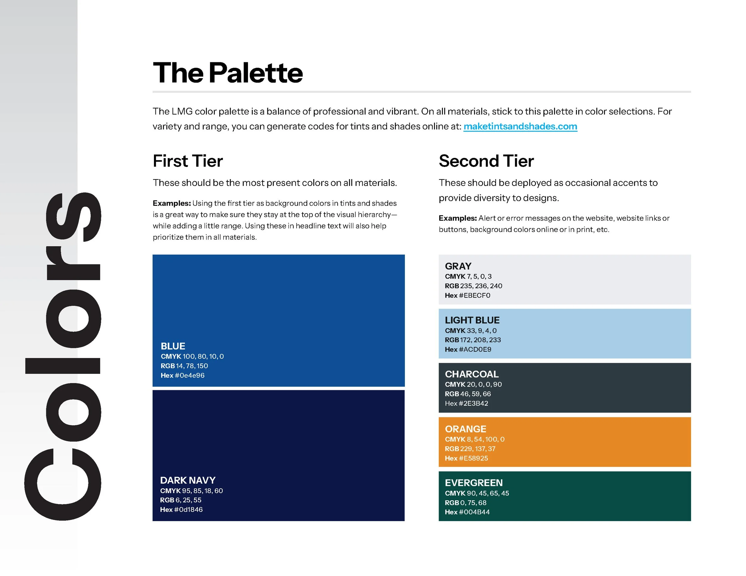 The Colors page of the LMG brand guide.