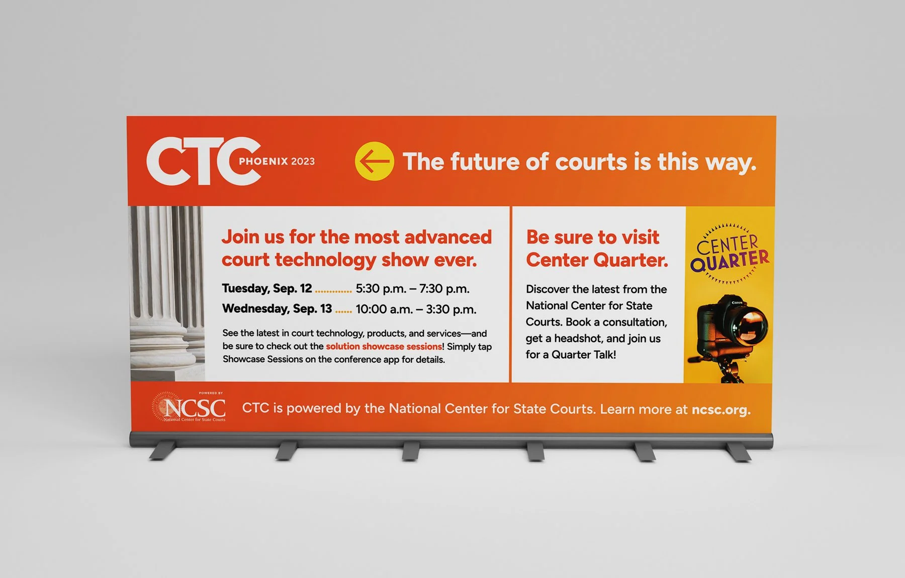 CTC 2023 backdrop featuring hours and info.