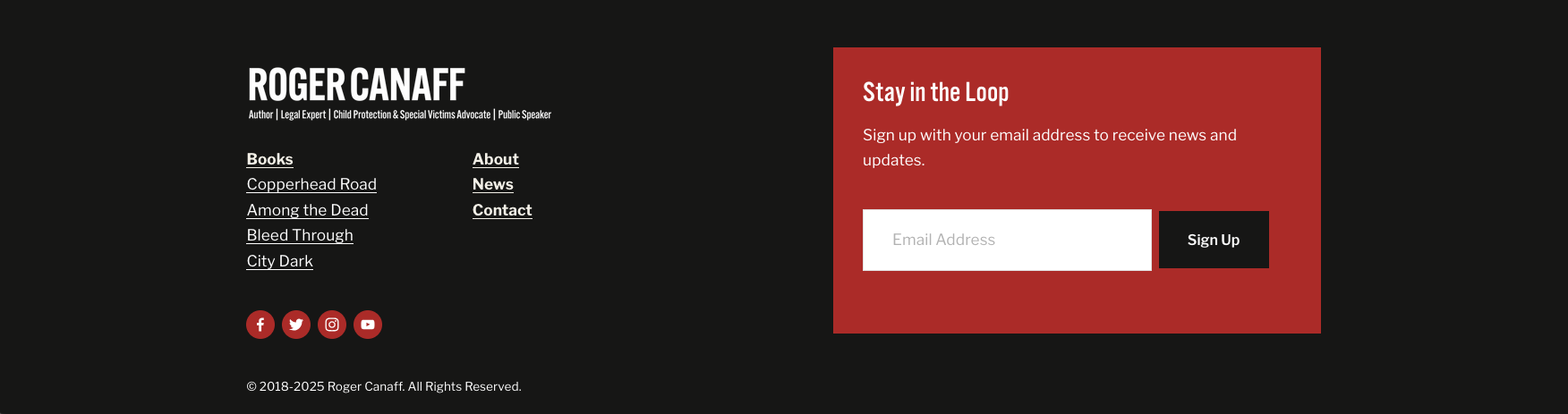 A screenshot of Roger Canaff's website footer.