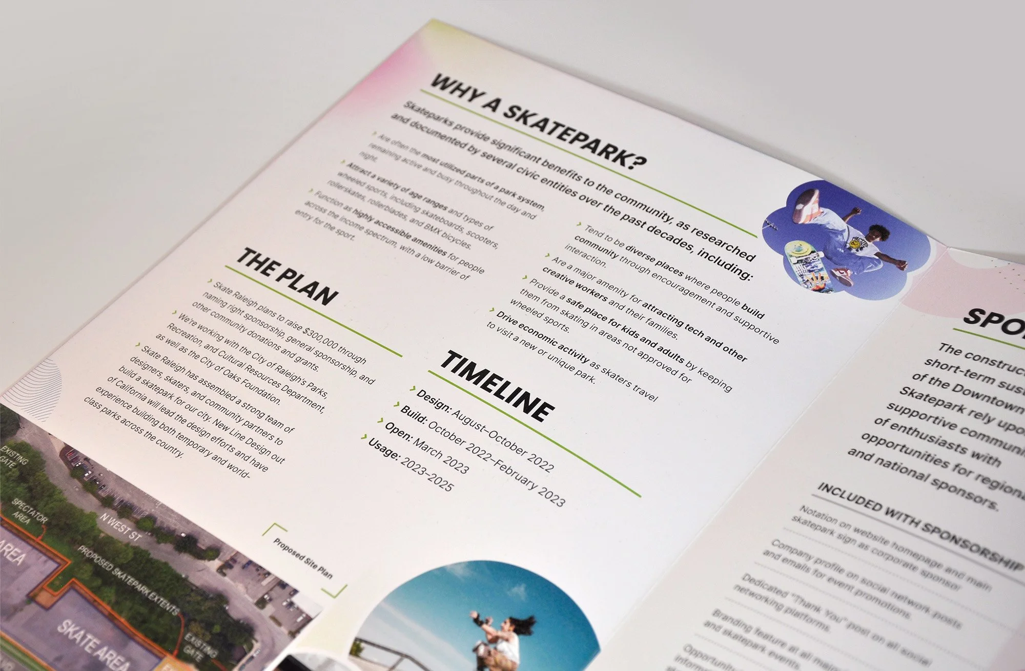 The sponsor brochure showing skatepark plan and timeline.