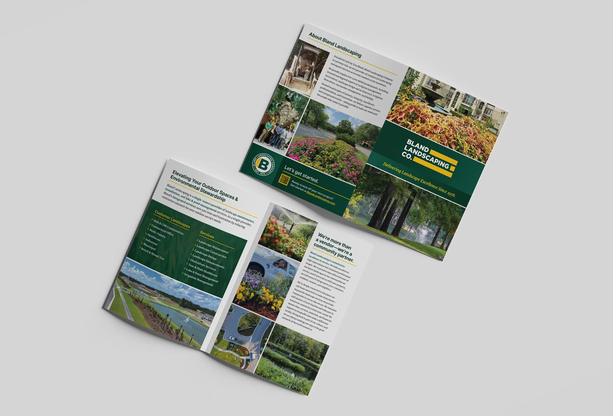 A rendering of the front and back of BLC's folded brochure design.