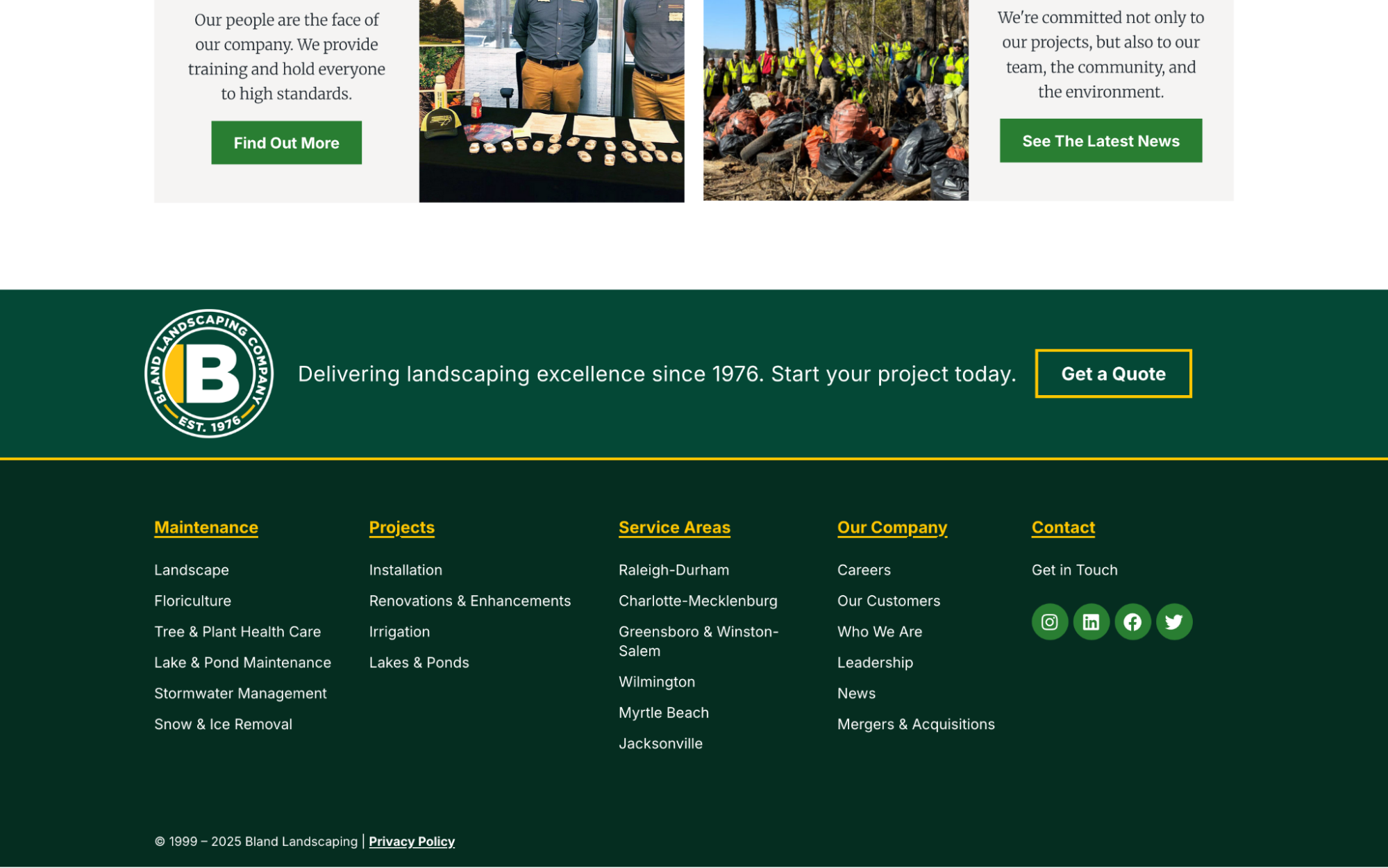 A screenshot of Bland Landscaping Co.'s website footer.