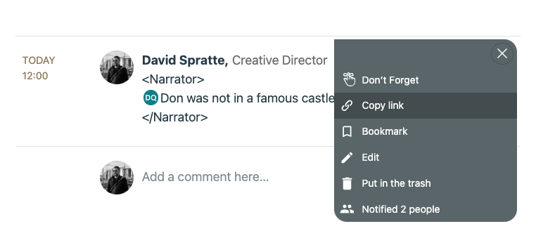A screenshot of Basecamp showing copy link menu.