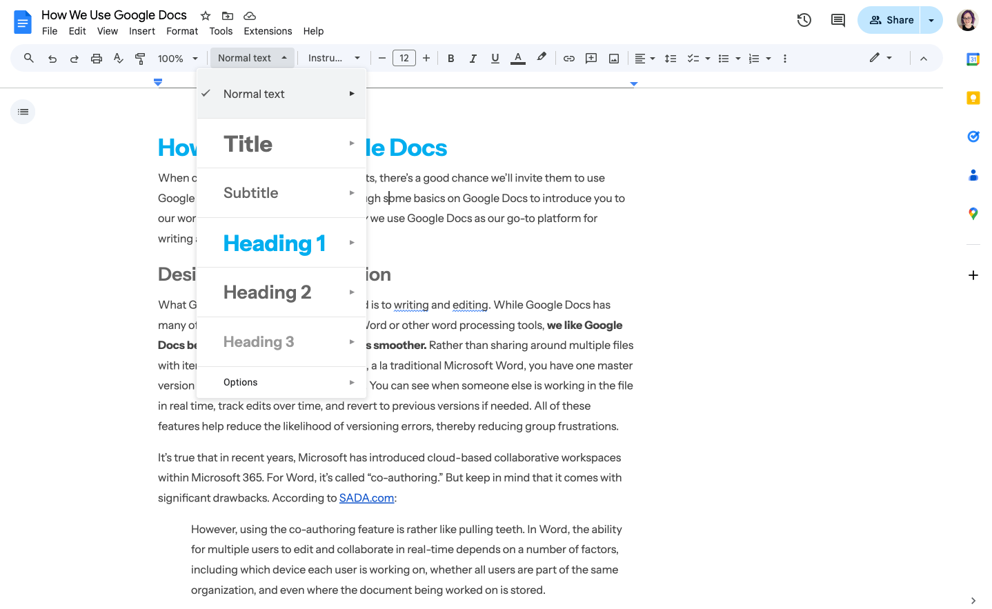 A screenshot of document structure options in Google Docs.