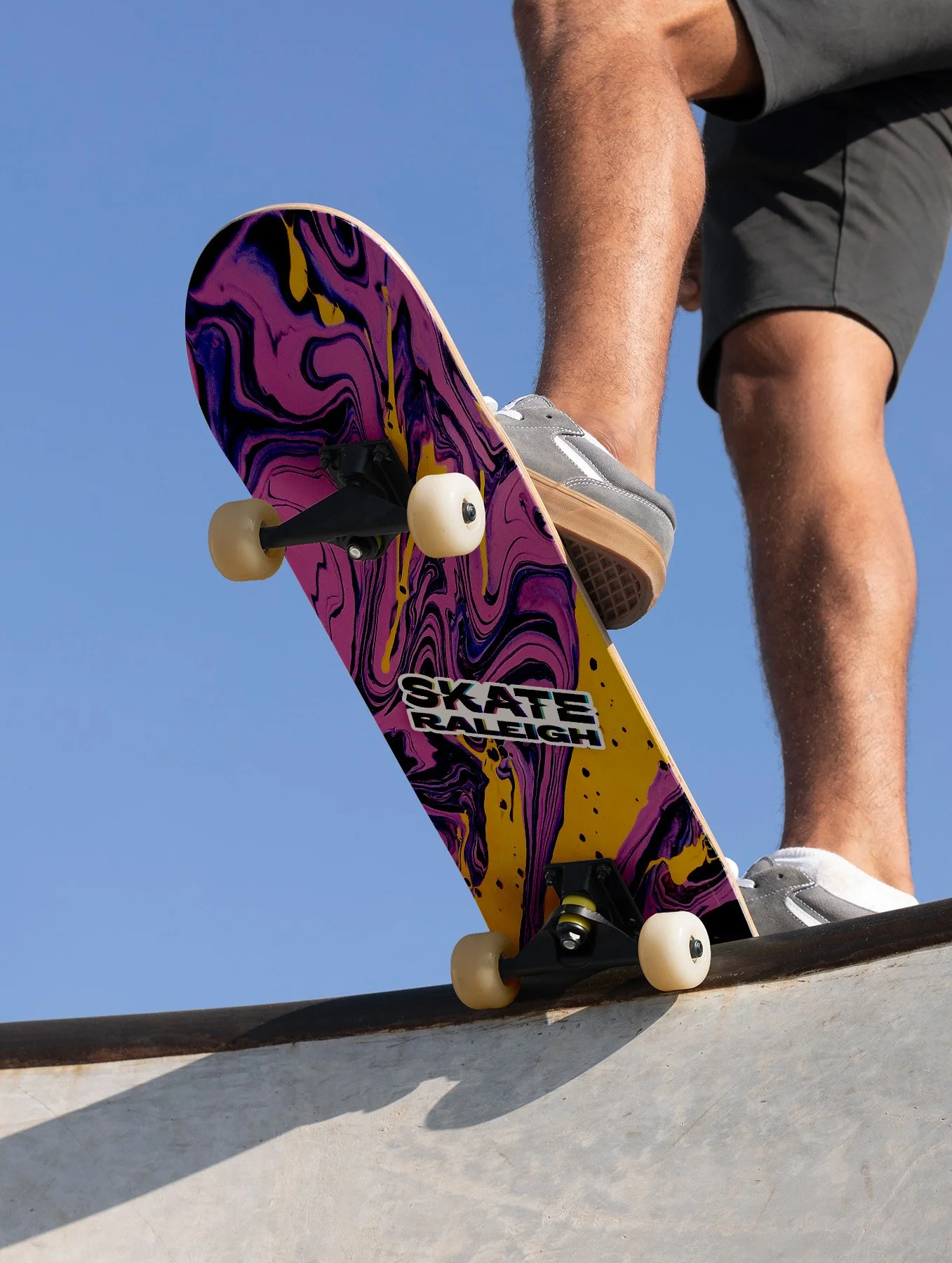 A sticker on a skateboard.