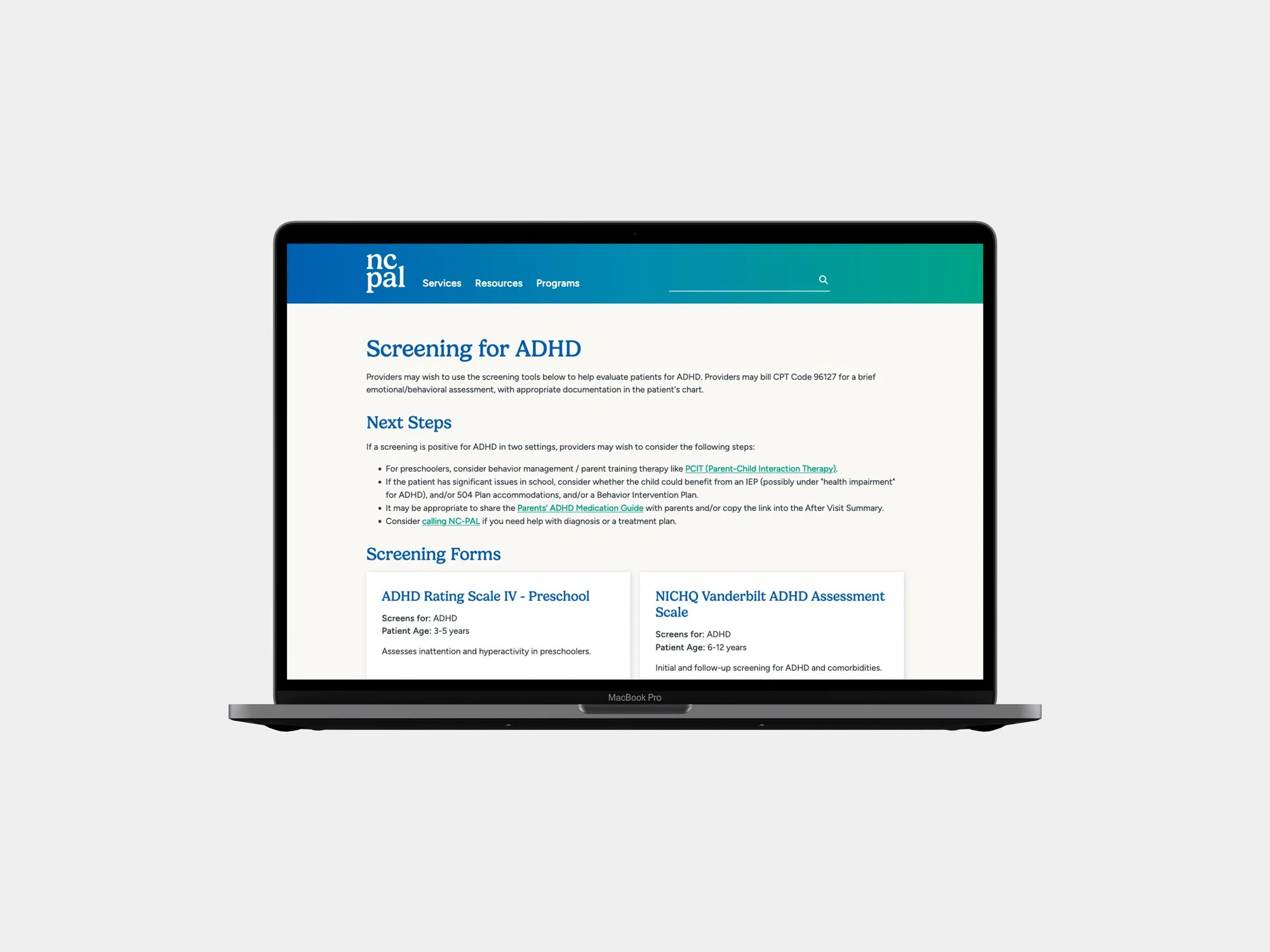 The ADHD screening page.